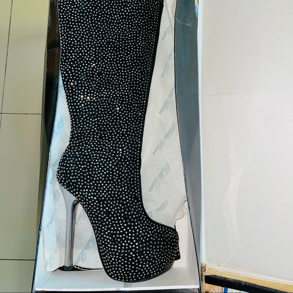 Bella Luna Knee High Fold over Black Rhinestone 6” Stiletto Boots